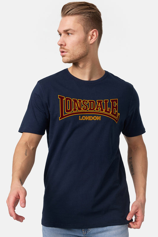 Sportliches Lonsdale London Classic T-Shirt für Herren in Navy Blau aus 100% Baumwolle mit rot-gelbem Logo-Frontdruck.