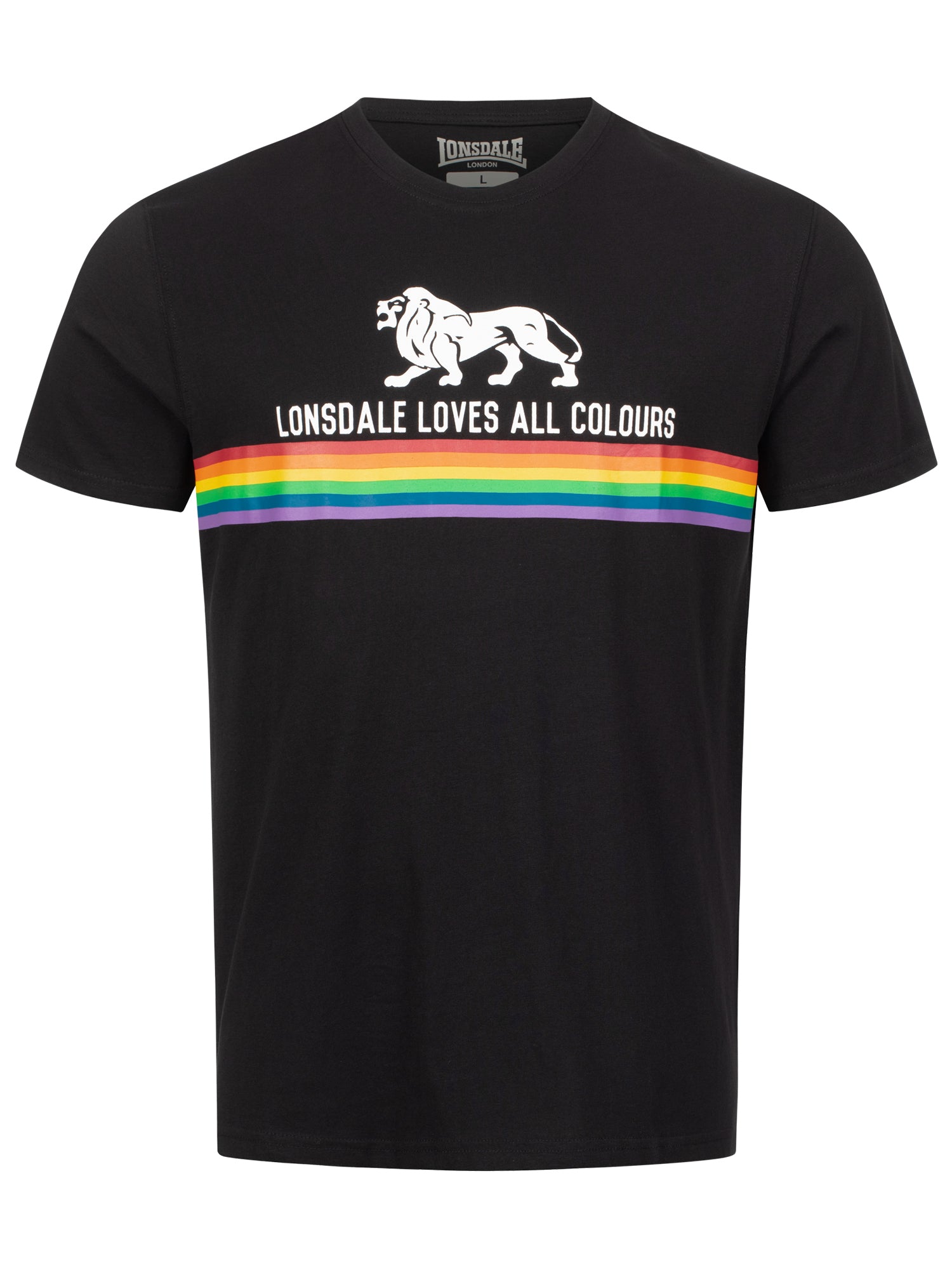 Schwarzes Lonsdale T-Shirt mit buntem Logo-Druck in Regenbogenoptik