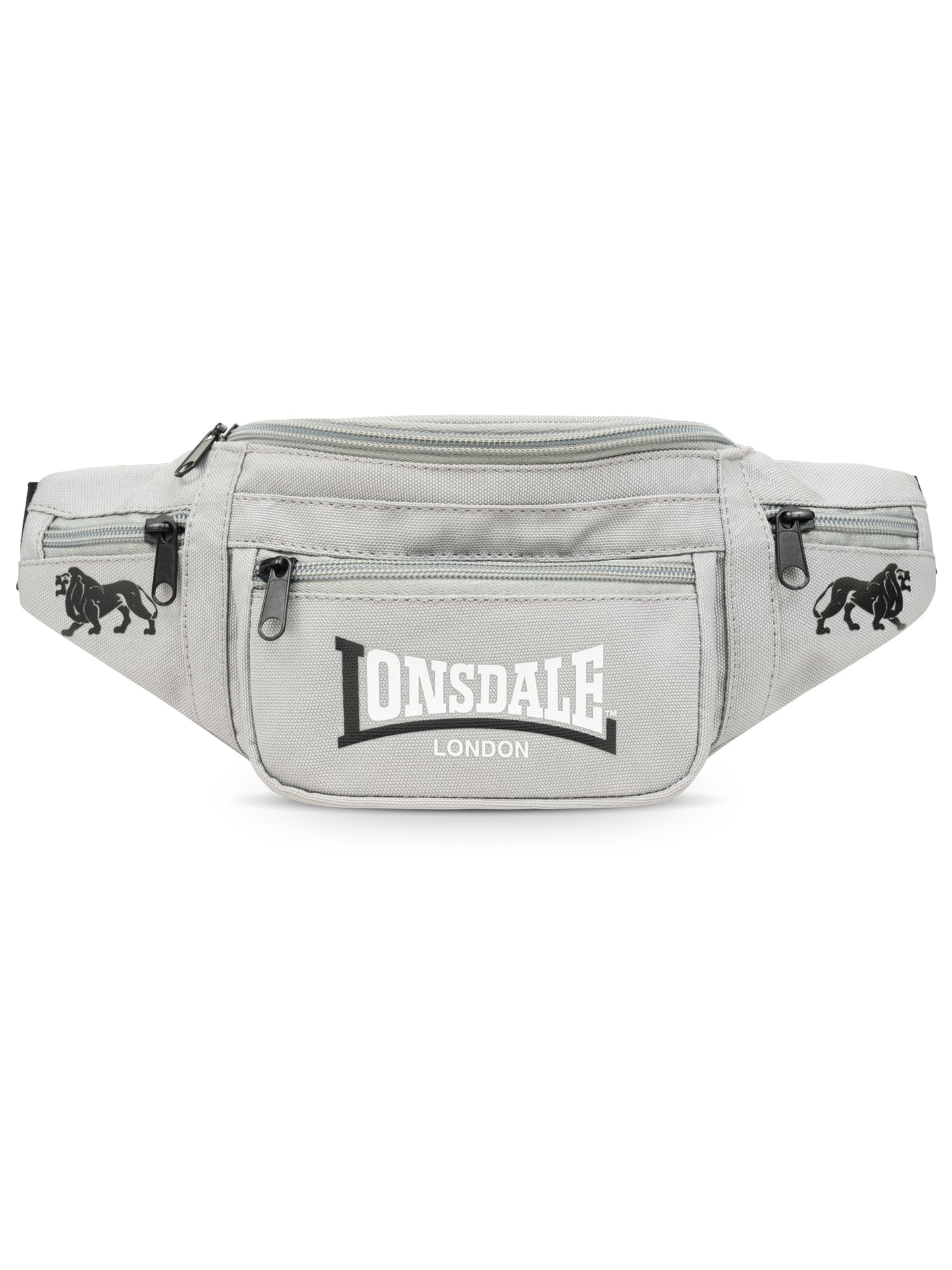Lonsdale Hip Bag Grau Gürteltasche mit weissem Logo und Reissverschlussfächern.