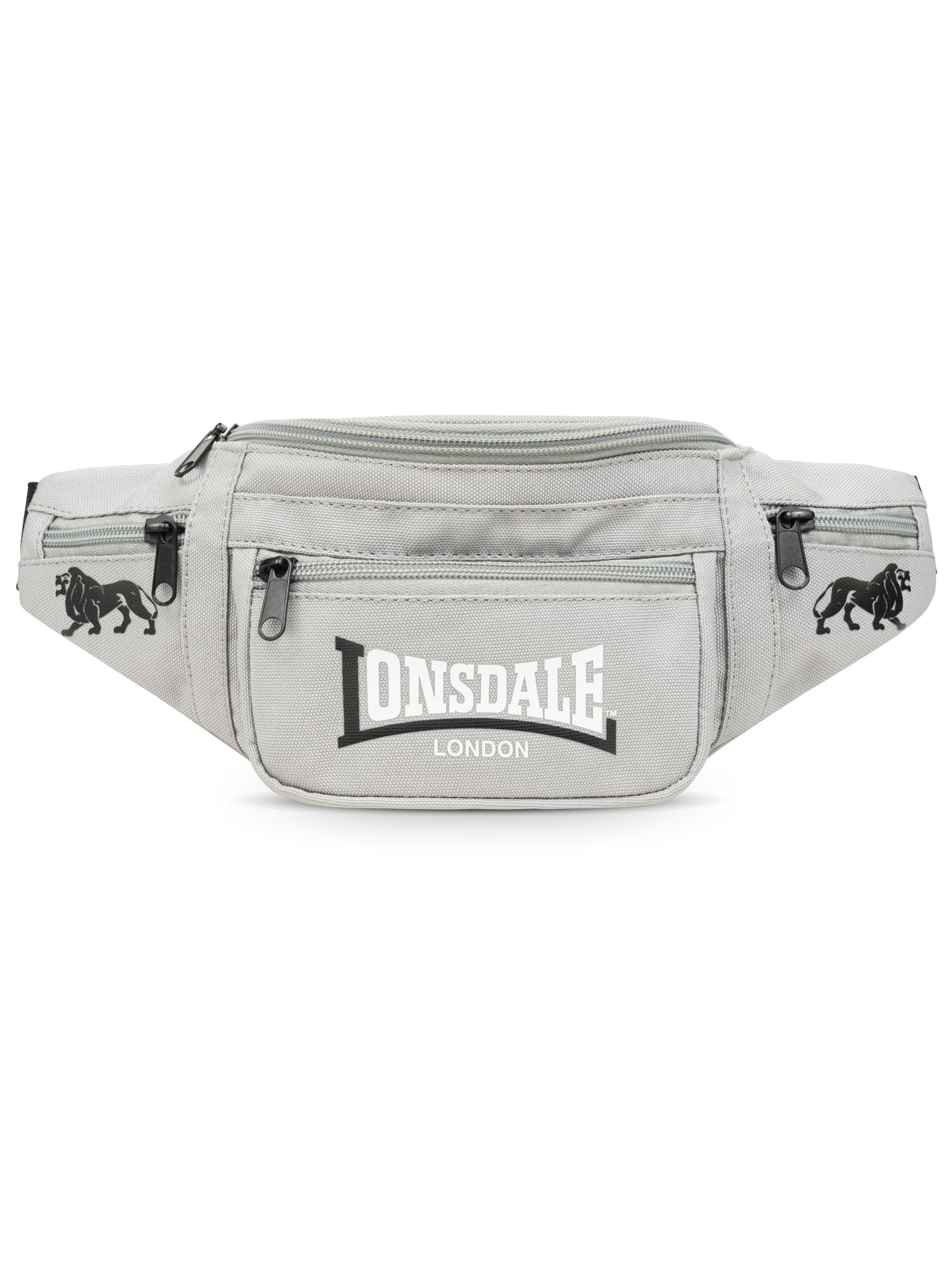 Lonsdale Hip Bag Grau Gürteltasche mit weissem Logo und Reissverschlussfächern.