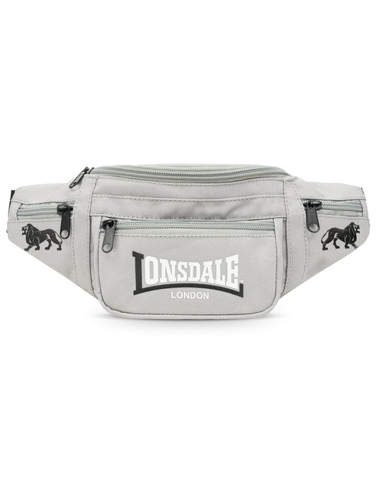 Lonsdale Hip Bag Grau Gürteltasche mit weissem Logo und Reissverschlussfächern.