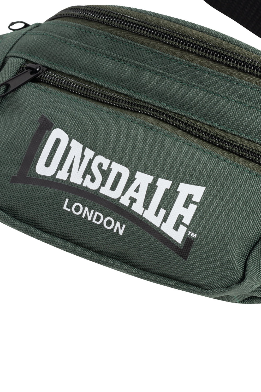 Lonsdale Hip Bag Oliv Gürteltasche mit weissem Logo und Reissverschlussfächern.