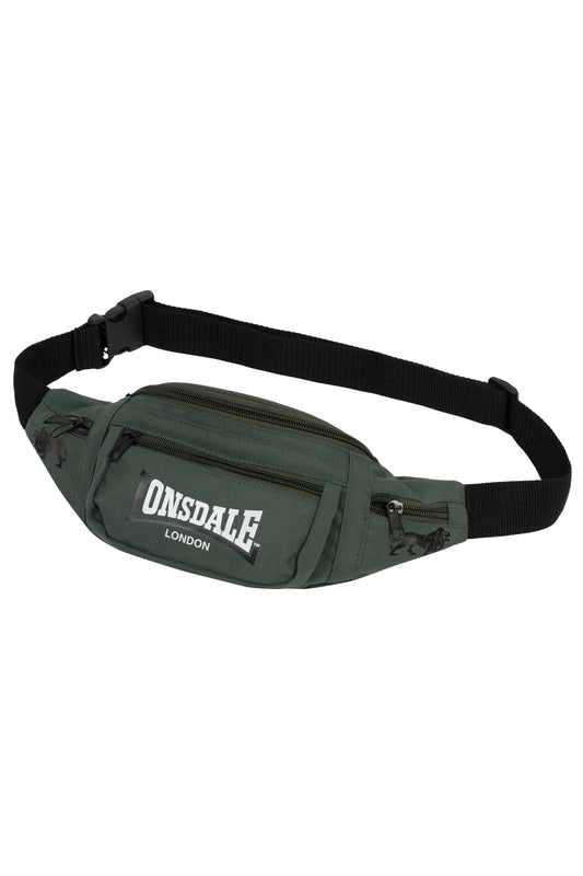 Lonsdale Hip Bag Oliv Gürteltasche mit weissem Logo und Reissverschlussfächern.