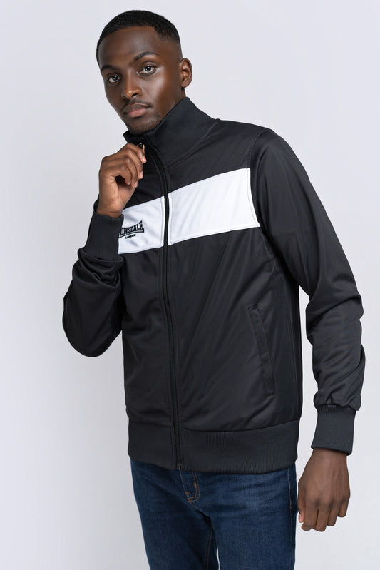  Schwarze Lonsdale Trainingsjacke für Herren mit Stehkragen und weissem Bruststreifen.