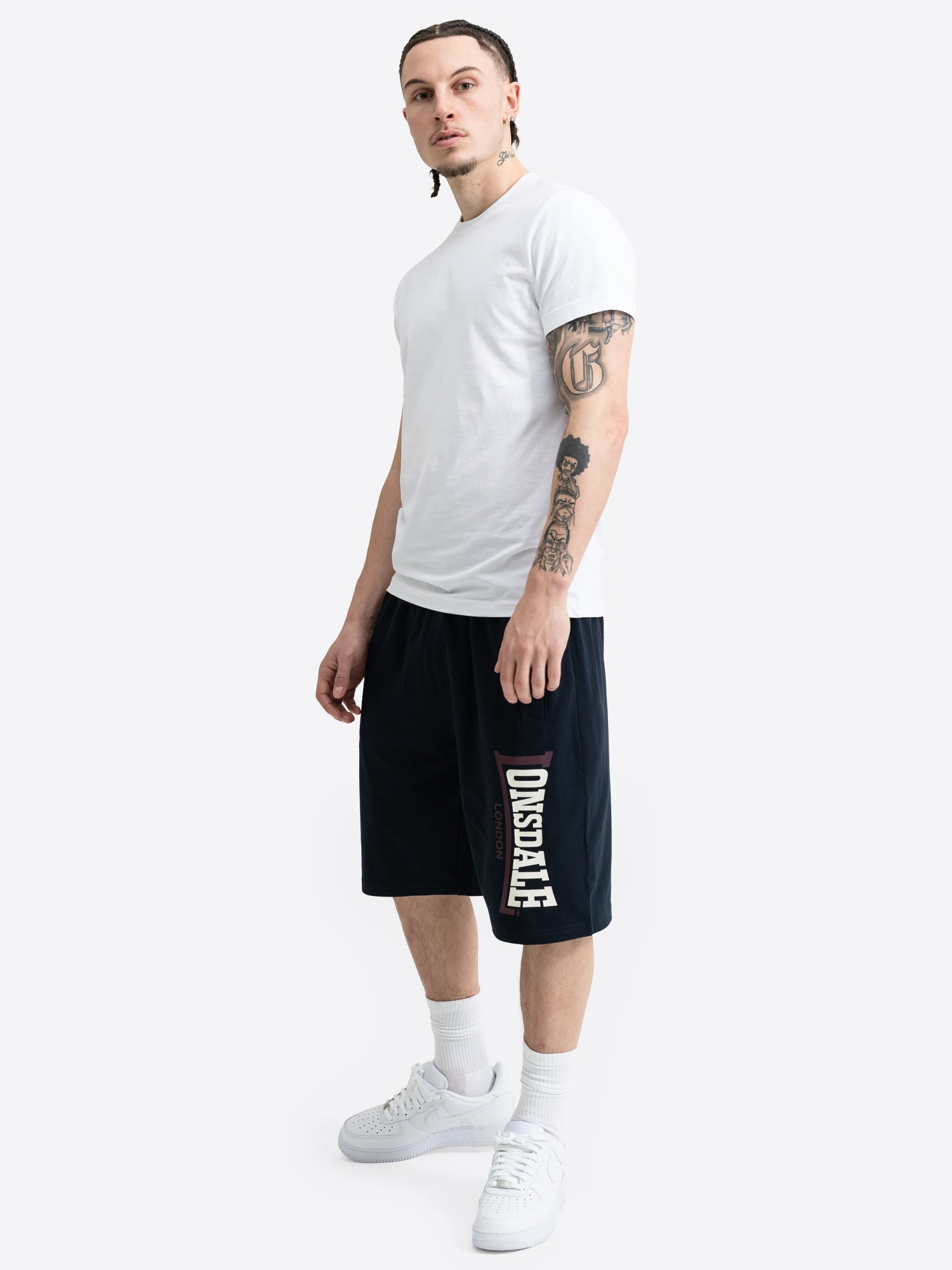  Dunkelblaue Lonsdale Logo Jam Herren-Shorts mit grossem Logo-Druck auf dem linken Hosenbein.
