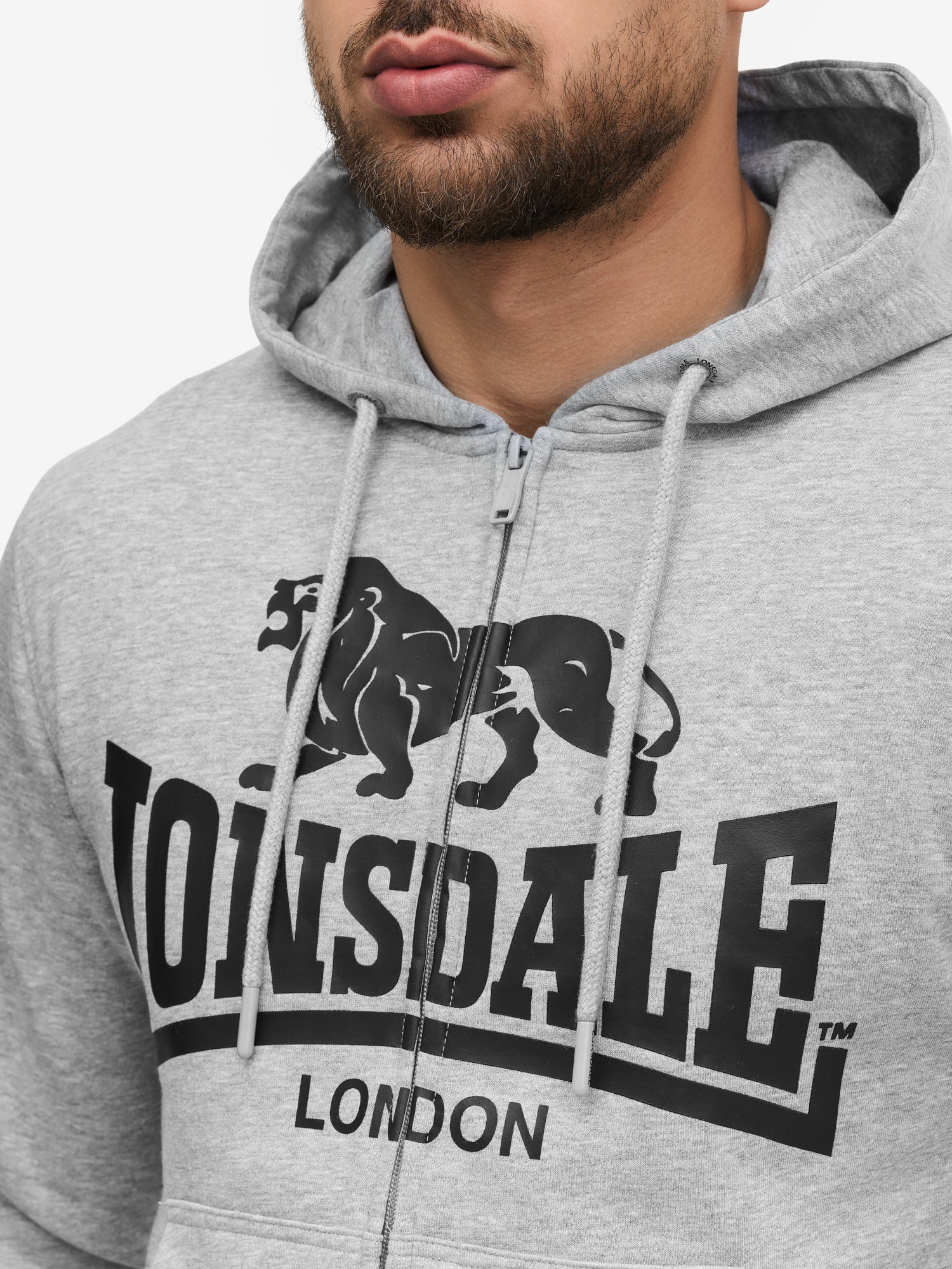 Lonsdale London Kapuzenziphoodie Krafty Marl Grey mit Logo-Druck und Kängurutasche