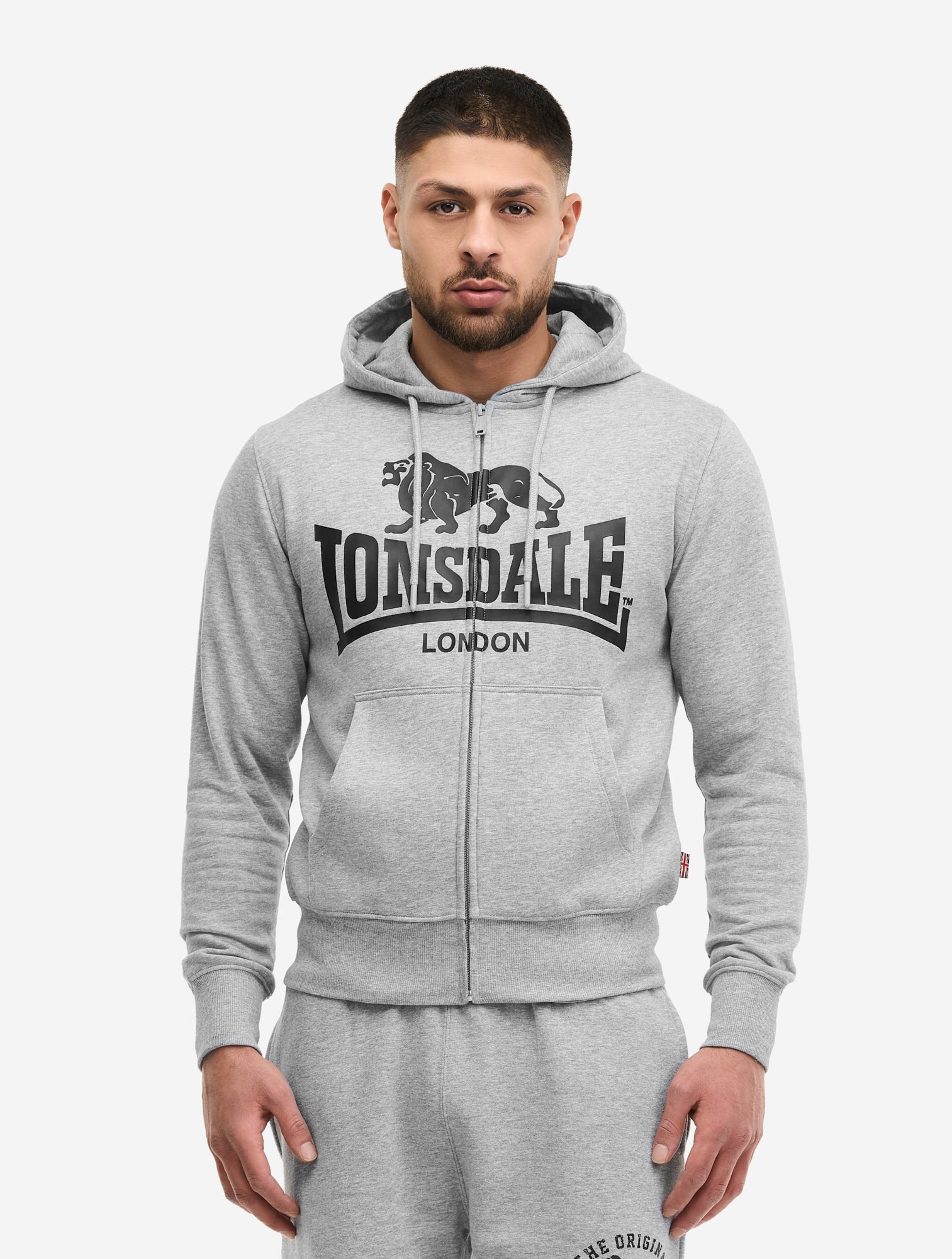 Lonsdale London Kapuzenziphoodie Krafty Marl Grey mit Logo-Druck und Kängurutasche