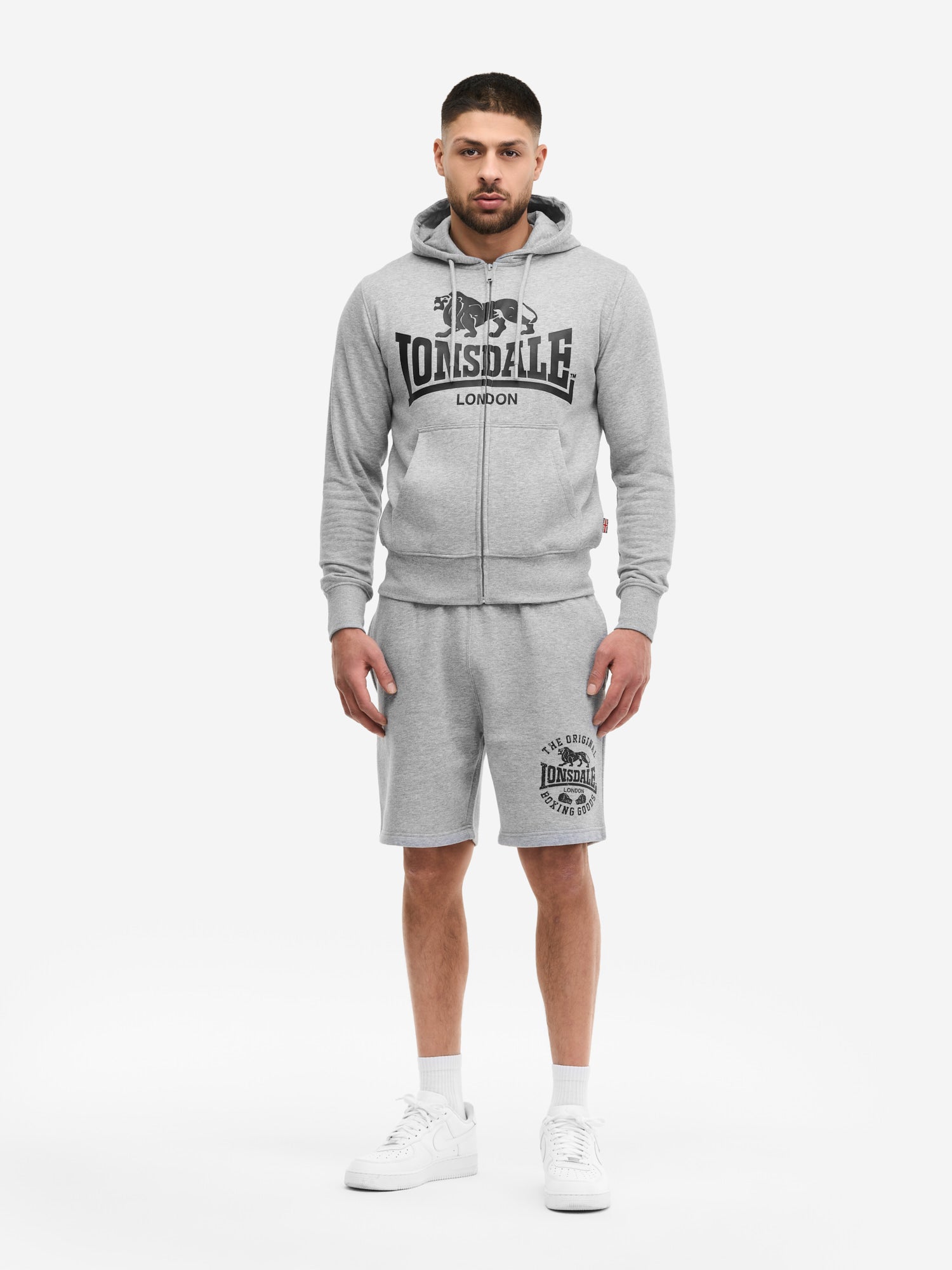 Lonsdale London Kapuzenziphoodie Krafty Marl Grey mit Logo-Druck und Kängurutasche