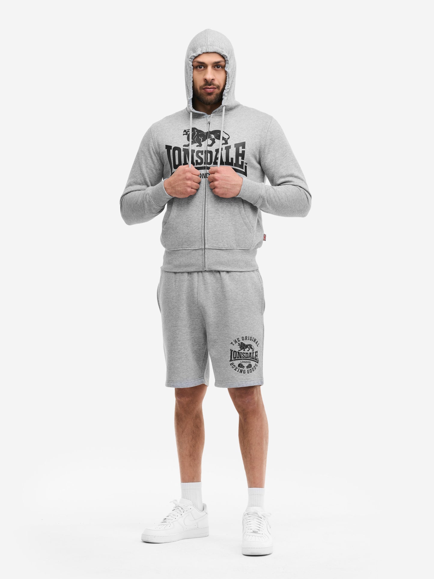 Lonsdale London Kapuzenziphoodie Krafty Marl Grey mit Logo-Druck und Kängurutasche