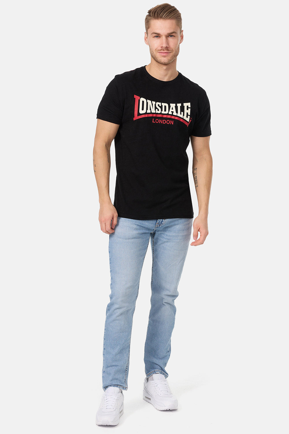 Lonsdale London Herren T-Shirt Schwarz mit Two Tone Logo-Print auf der Brust, Slim Fit Passform aus Baumwolle