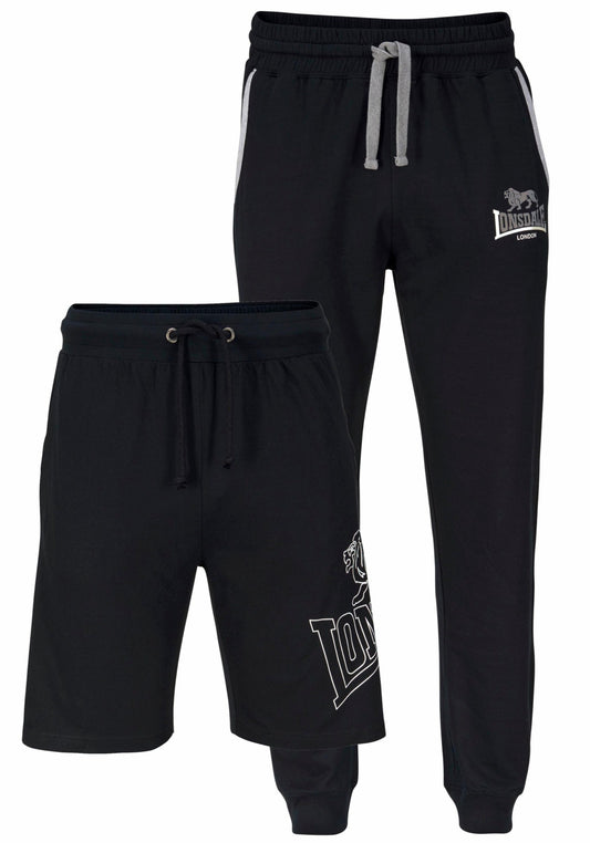 Lonsdale Herren Doppelpack mit schwarzer Jogginghose und kurzen Shorts.