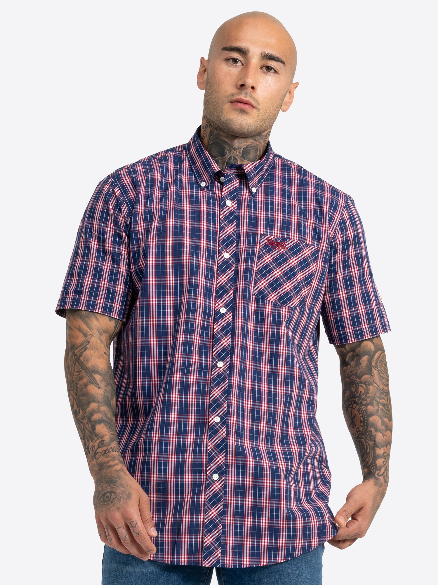 Lonsdale Brixworth Hemd Rot-Weiss kariert, Slim Fit Kurzarmhemd für Herren mit Button-Down-Kragen. 