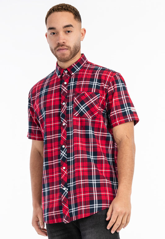 Lonsdale Brixworth Hemd Rot-Dunkelblau kariert, Slim Fit Kurzarmhemd für Herren mit Button-Down-Kragen.
