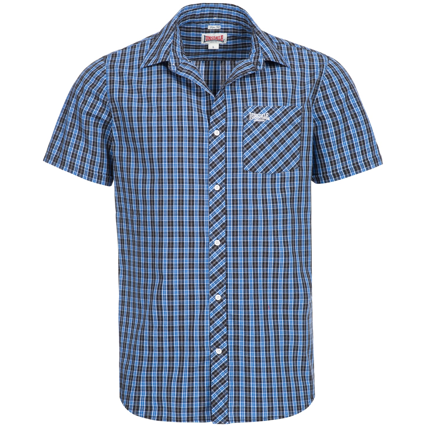 Lonsdale Brixworth Hemd Blau-Weiss kariert, Slim Fit Kurzarmhemd für Herren mit Button-Down-Kragen.