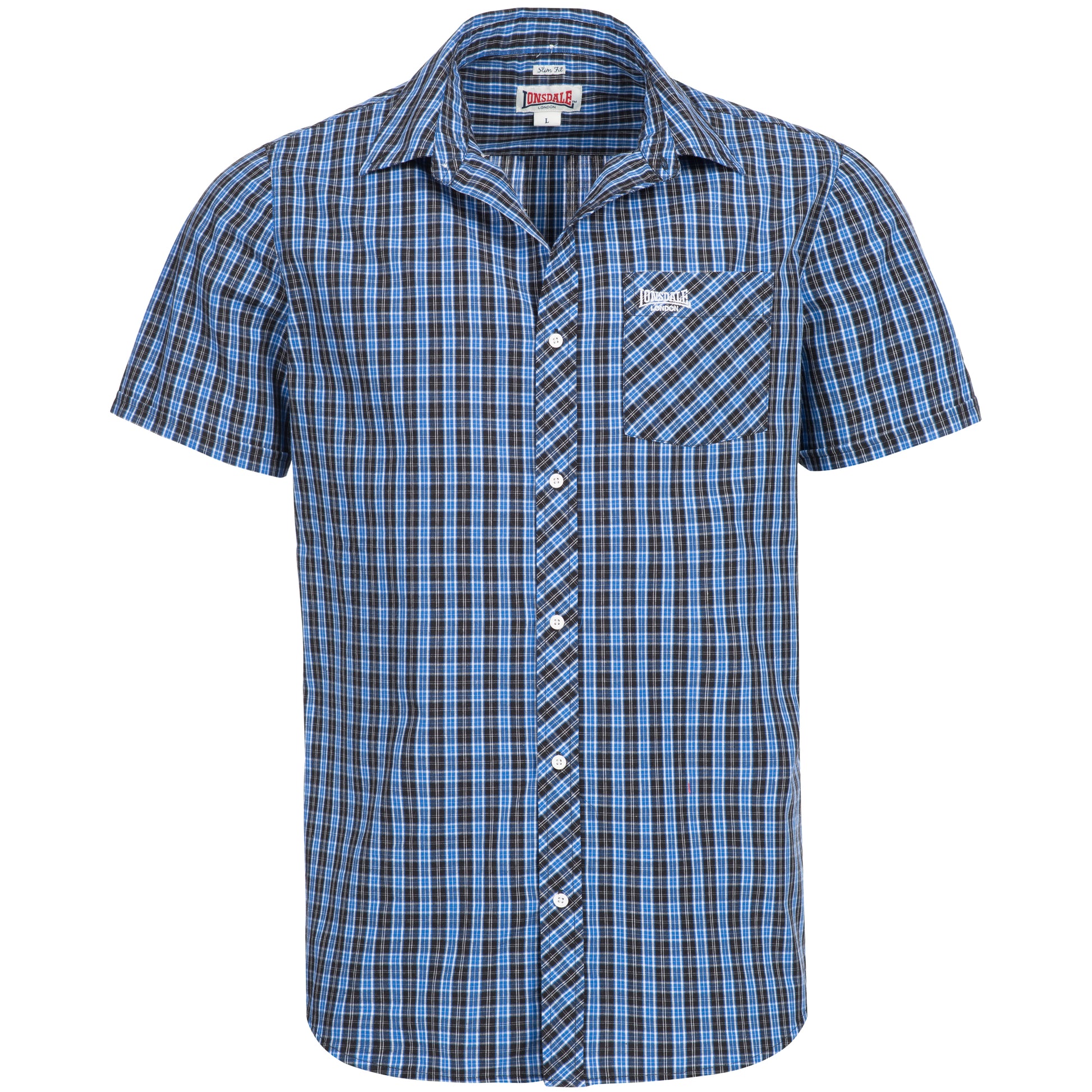 Lonsdale Brixworth Hemd Blau-Weiss kariert, Slim Fit Kurzarmhemd für Herren mit Button-Down-Kragen.