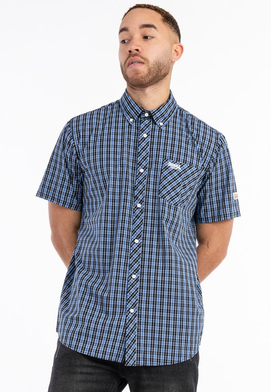 Lonsdale Brixworth Hemd Blau-Weiss kariert, Slim Fit Kurzarmhemd für Herren mit Button-Down-Kragen.