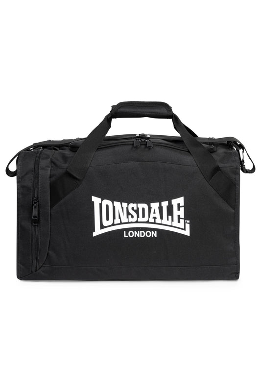 Mittelgrosse schwarze Lonsdale Sporttasche für Herren mit weißem Logo und Schultergurt.
