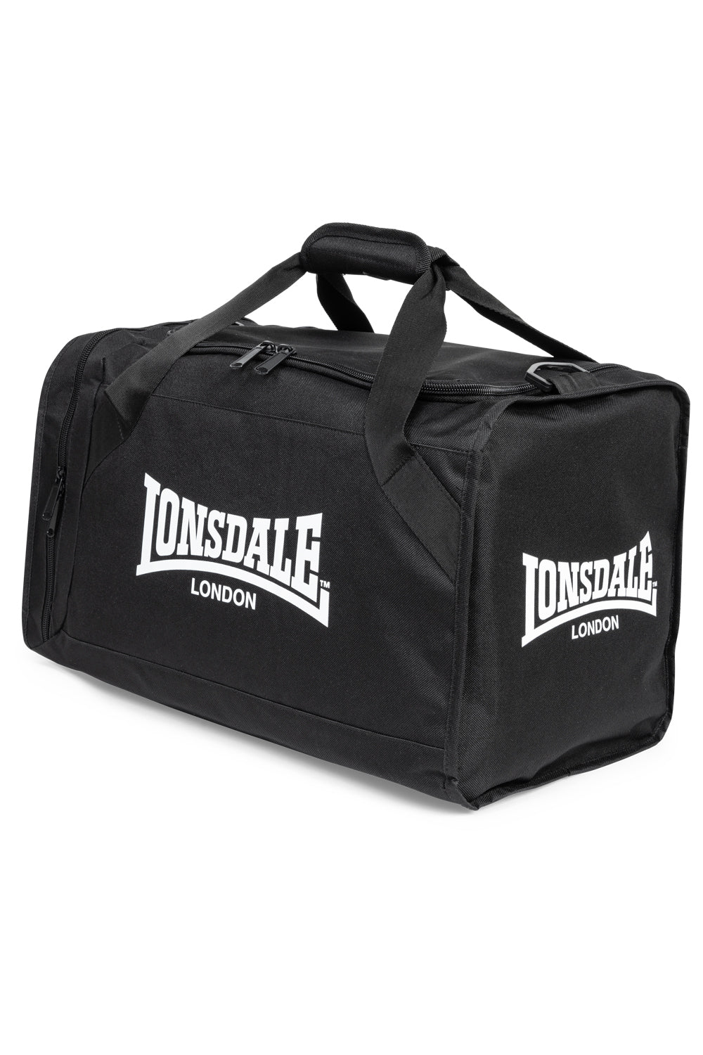 Mittelgrosse schwarze Lonsdale Sporttasche für Herren mit weißem Logo und Schultergurt.