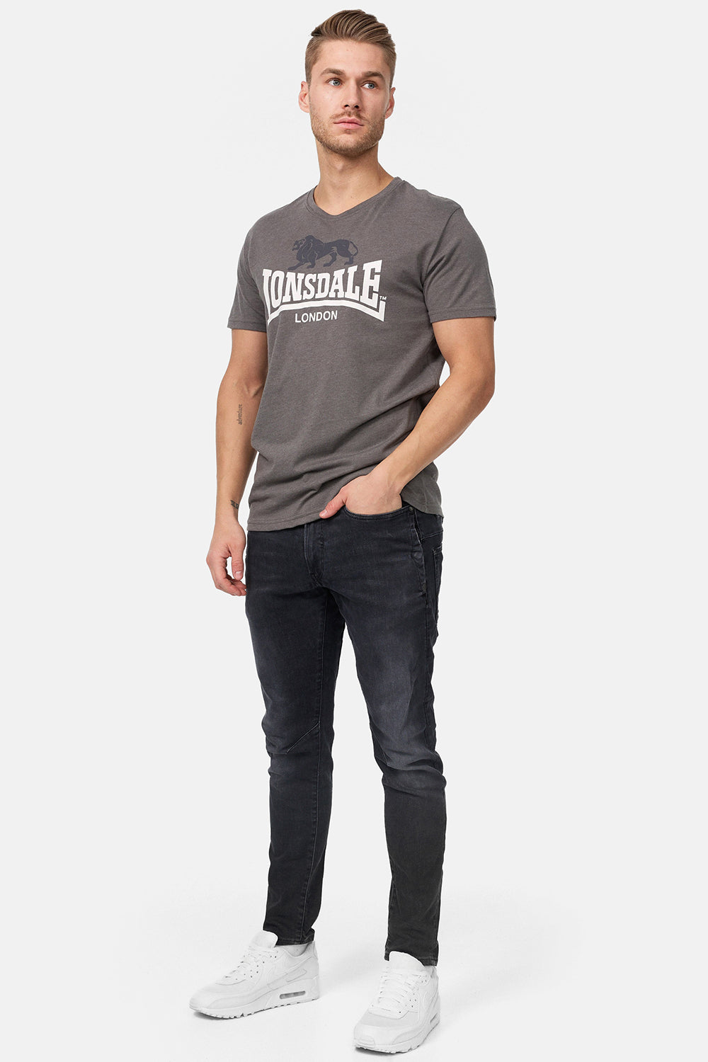 Herren Lonsdale T-Shirt Marl Stone normale Passform mit gedrucktem Logo auf Brust