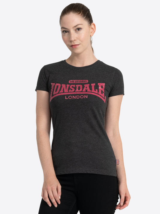 Meliertes schwarzes Lonsdale Damen T-Shirt mit glitzerndem Logo Print auf der Brust.