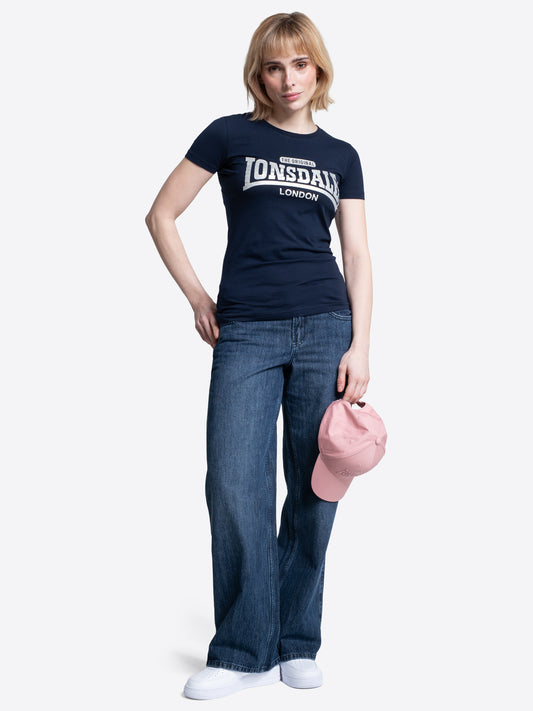 Dunkelblaues Lonsdale Damen T-Shirt mit Marken-Print in Off-White auf der Brust.