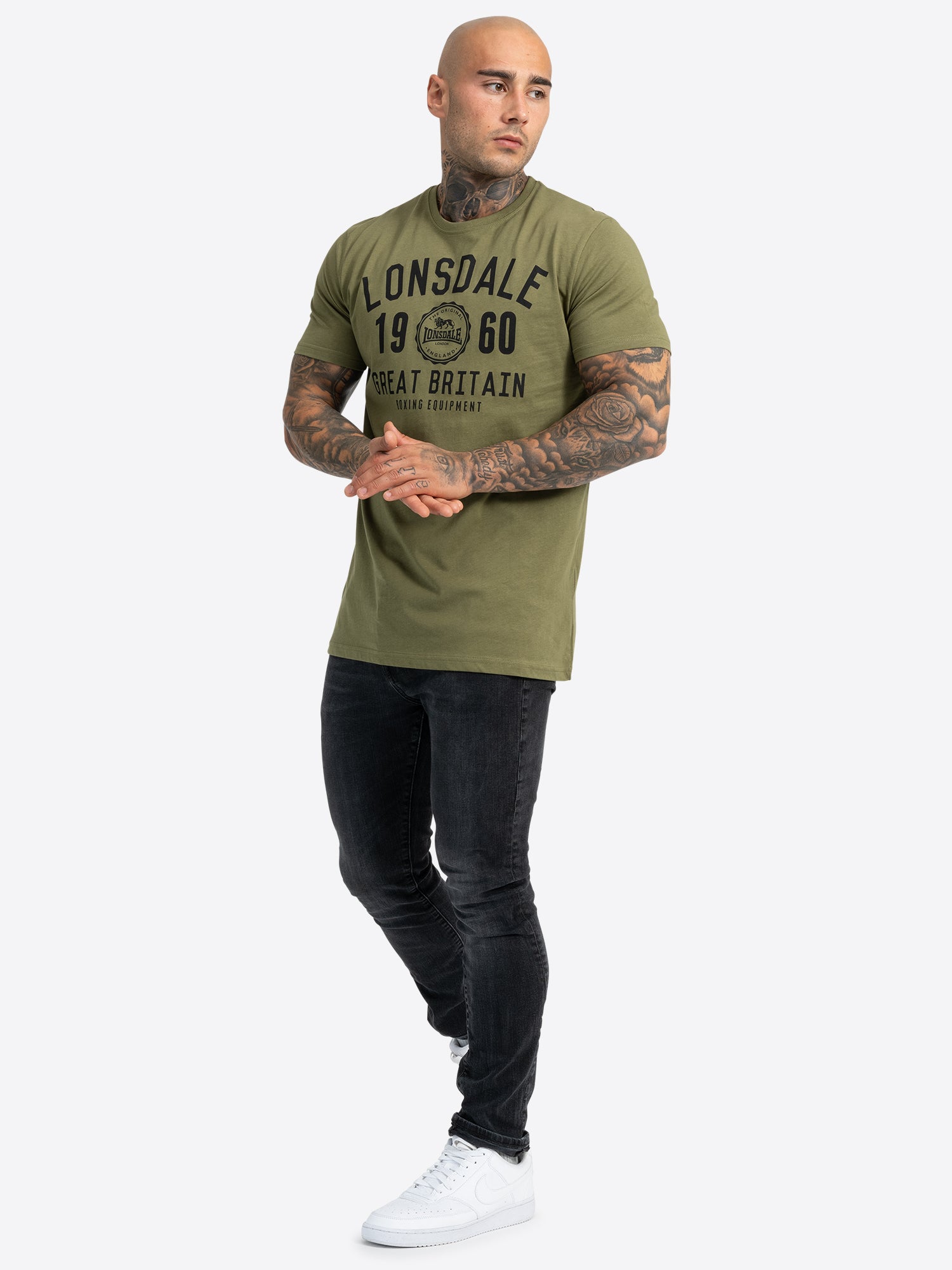 „Herren T-Shirt Doppelpack in Schwarz und Oliv mit Logo-Druck, normaler Passform