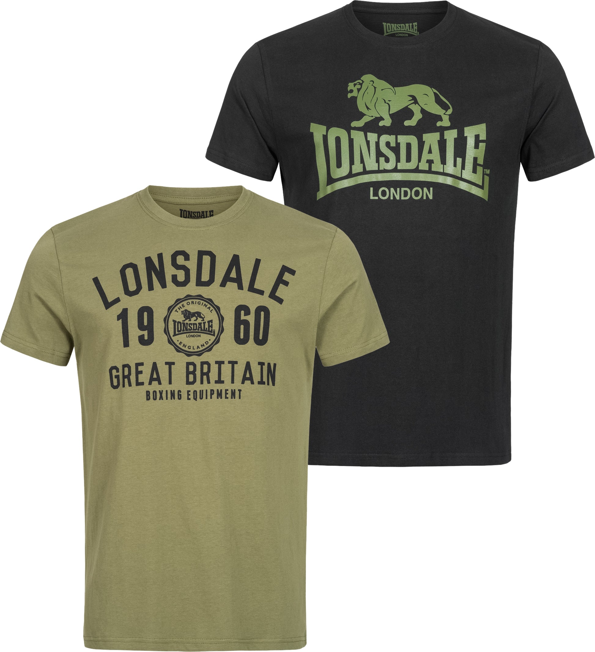 Lonsdale Bangor Doppelpack T-Shirts – Zwei T-Shirts in Schwarz und Olive, mit dem klassischen Lonsdale-Logo auf der Brust. Aus hochwertiger Baumwolle für optimalen Tragekomfort, ideal für Freizeit und sportliche Aktivitäten.