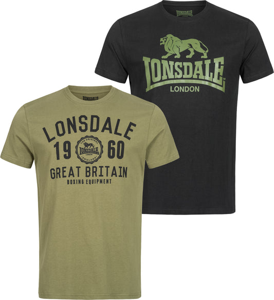 Lonsdale Bangor Doppelpack T-Shirts – Zwei T-Shirts in Schwarz und Olive, mit dem klassischen Lonsdale-Logo auf der Brust. Aus hochwertiger Baumwolle für optimalen Tragekomfort, ideal für Freizeit und sportliche Aktivitäten.