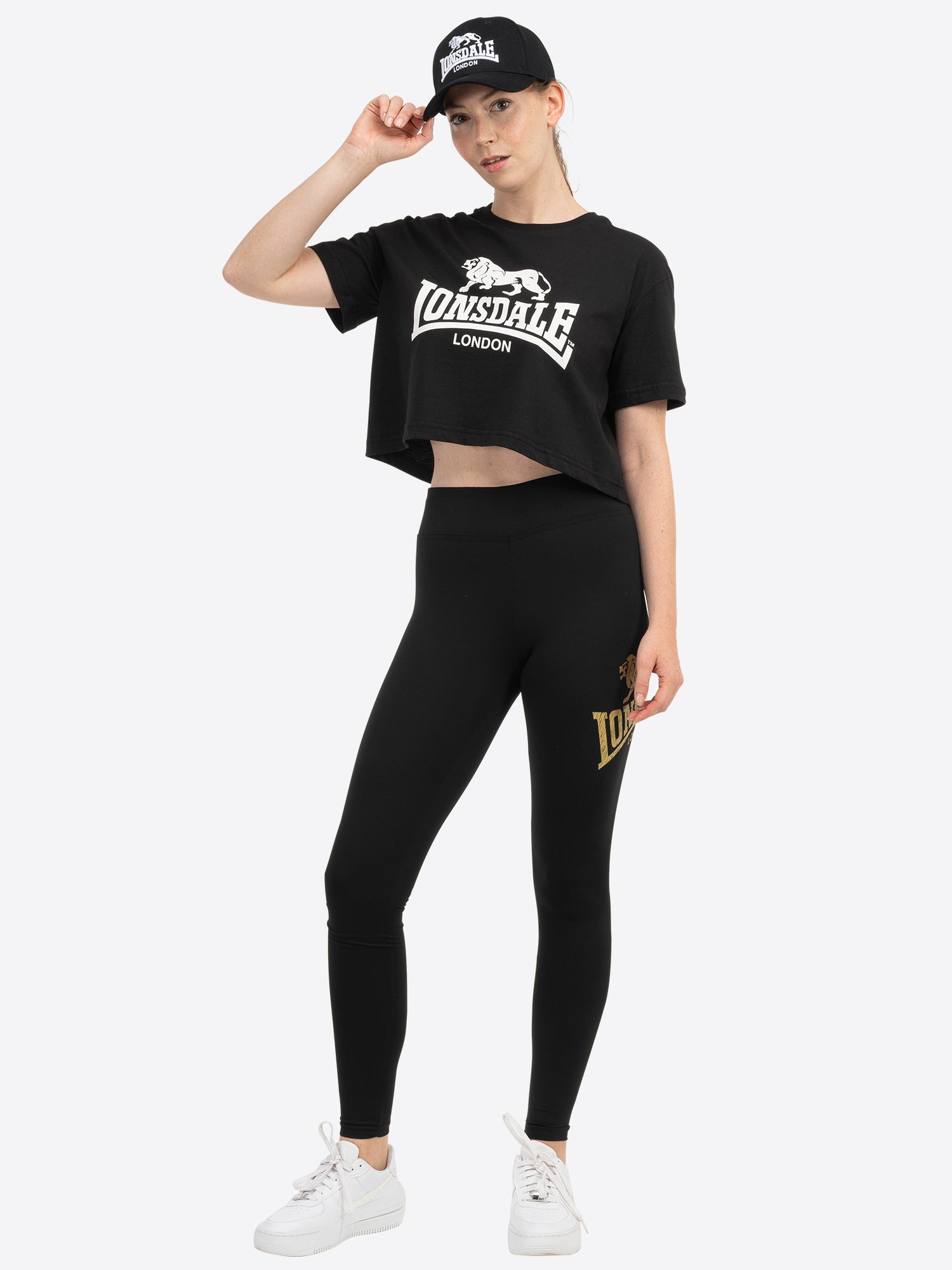 Schwarzes Lonsdale London Damen T-Shirt mit grossem weissem Logo-Print auf der Brust.