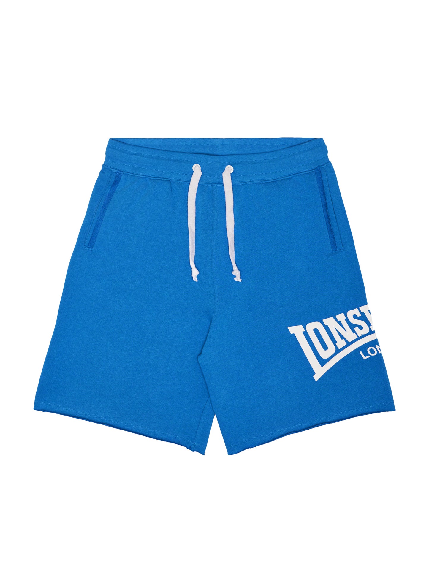 Royalblaue Lonsdale Herren-Shorts in normaler Passform aus 100% gekämmter Baumwolle mit zwei Taschen vorne.