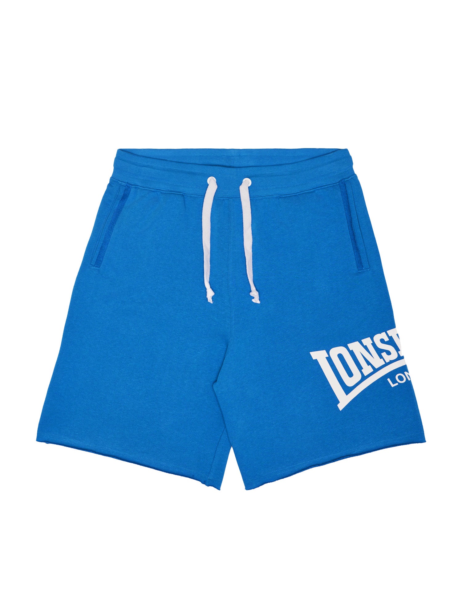 Royalblaue Lonsdale Herren-Shorts in normaler Passform aus 100% gekämmter Baumwolle mit zwei Taschen vorne.