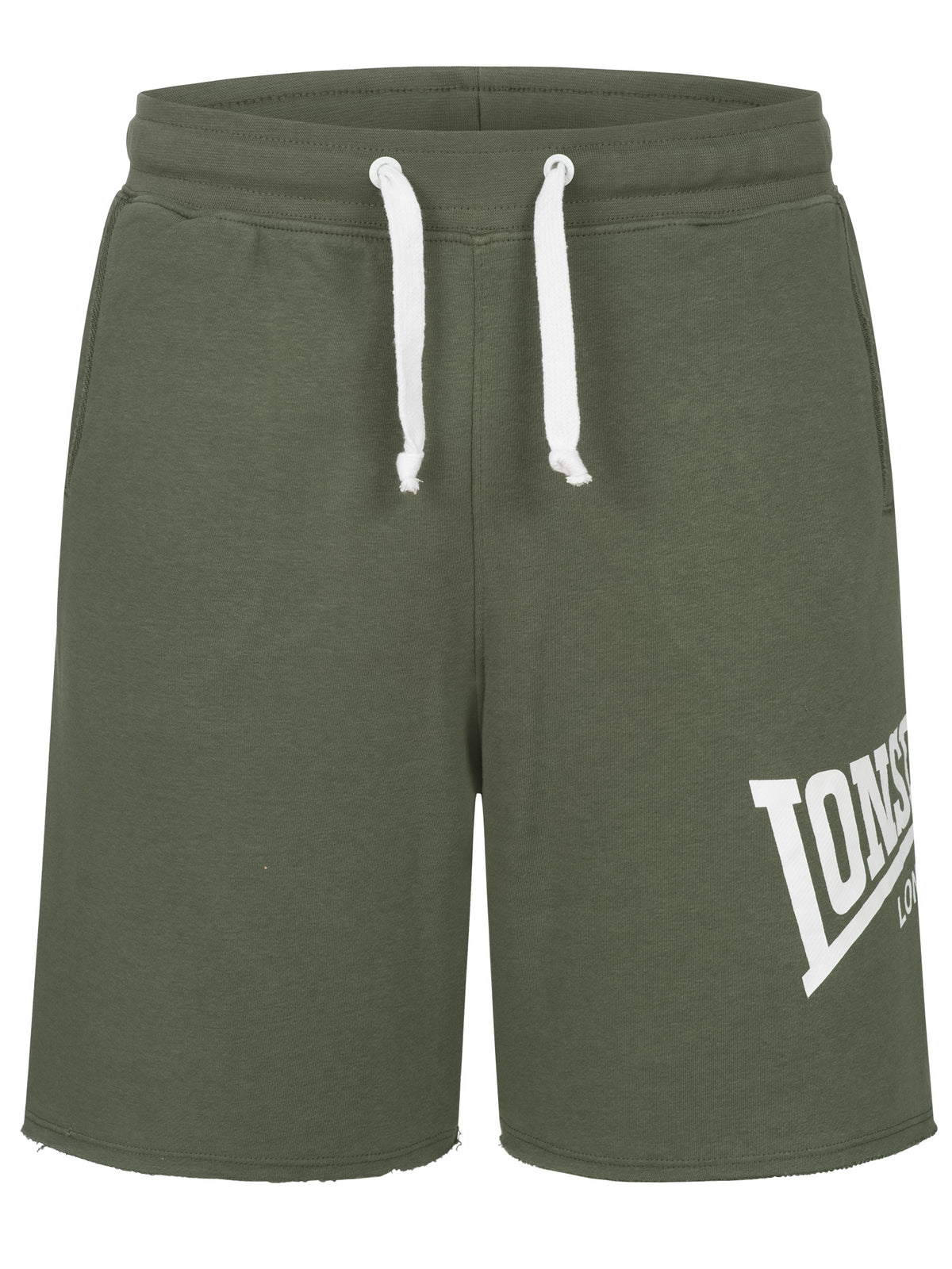 Grüne Lonsdale Sportshorts für Herren mit weissem Logo-Aufdruck.