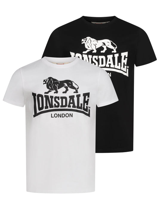 Lonsdale Kelso Doppelpack T-Shirts – Zwei T-Shirts in Schwarz und Weiss mit dem klassischen Lonsdale-Logo auf der Brust. Aus hochwertiger Baumwolle für optimalen Tragekomfort, ideal für Freizeit und sportliche Aktivitäten.