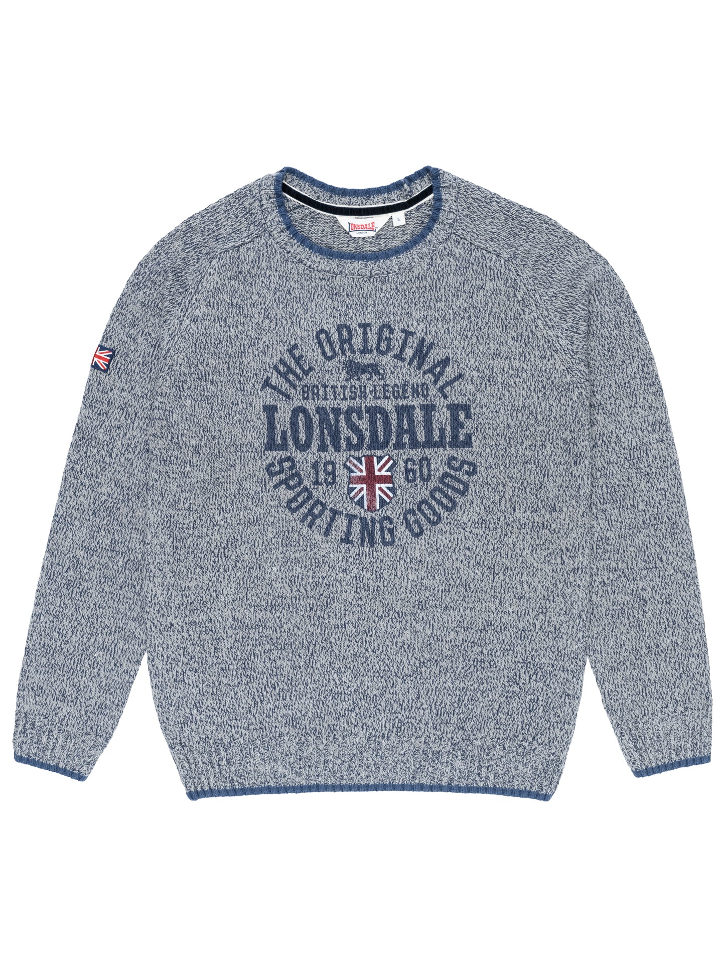 Grauer Lonsdale Strickpullover für Herren mit Rundhalsausschnitt und Logo-Print.
