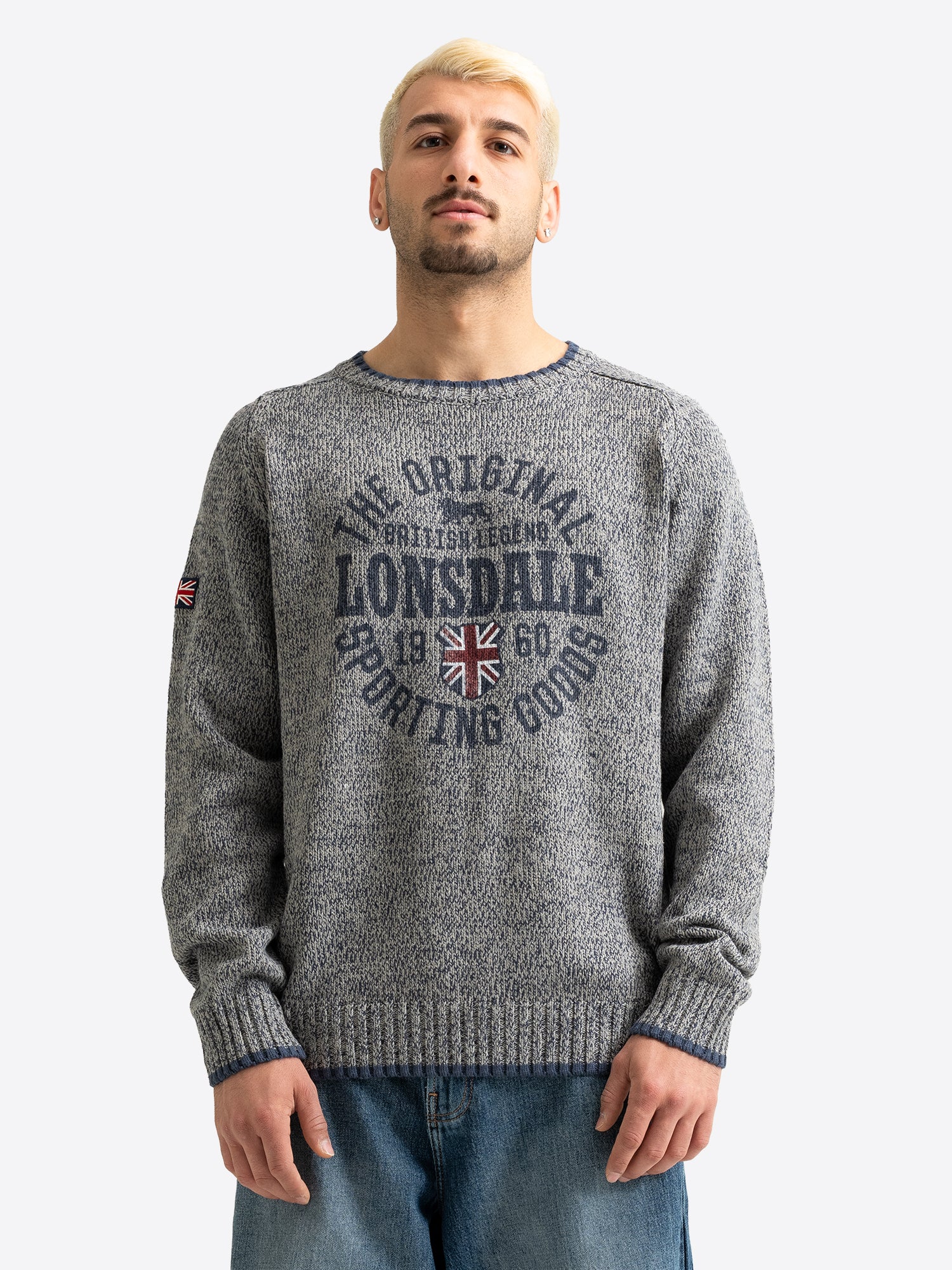 Grauer Lonsdale Strickpullover für Herren mit Rundhalsausschnitt und Logo-Print.