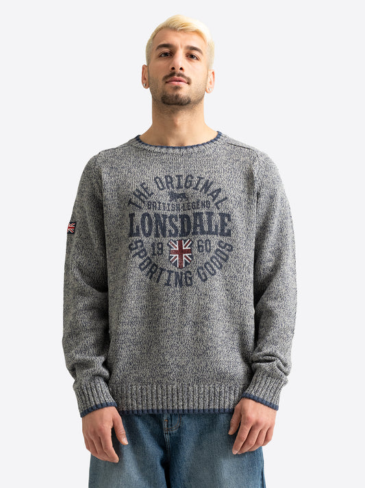 Grauer Lonsdale Strickpullover für Herren mit Rundhalsausschnitt und Logo-Print.