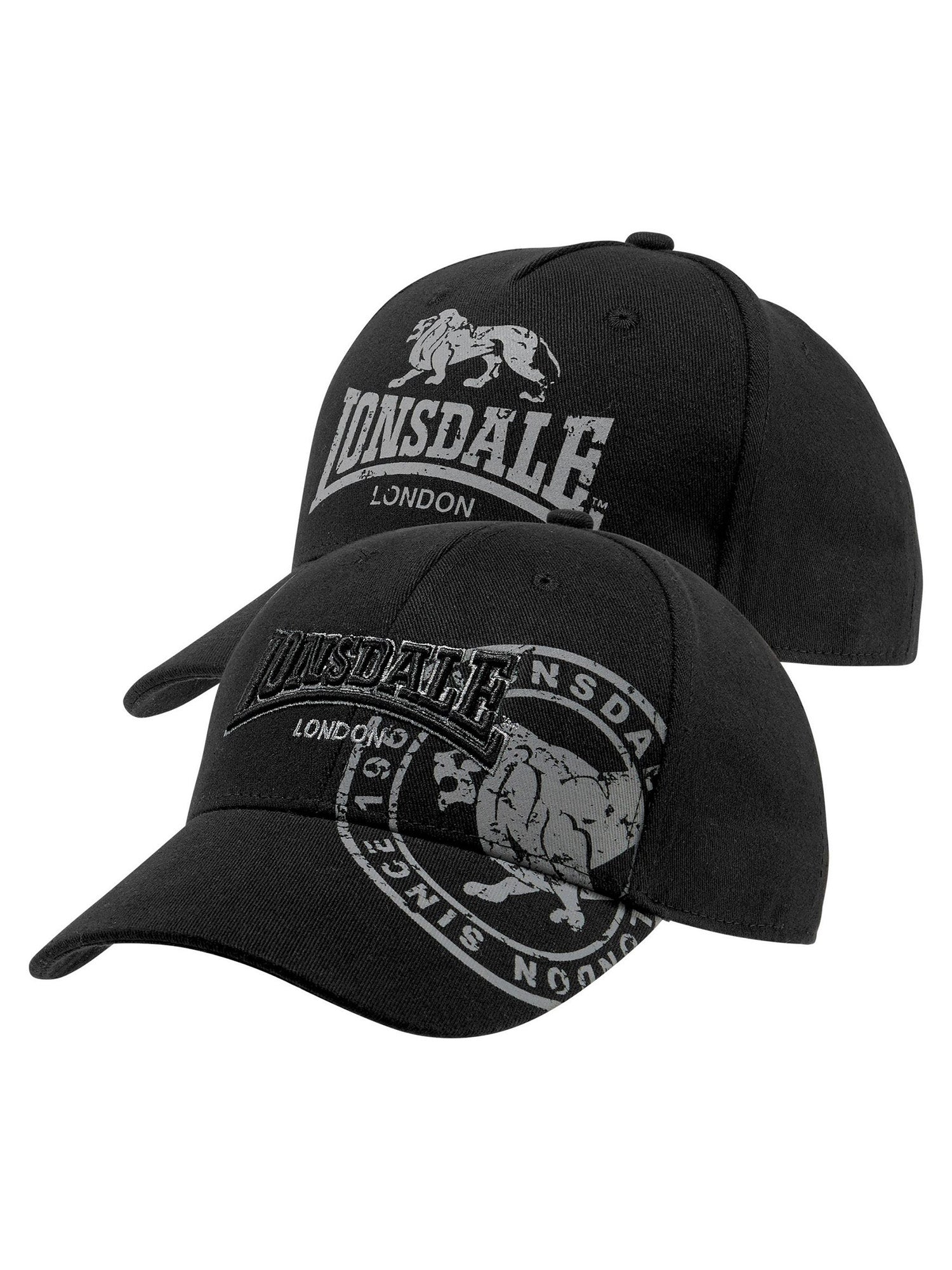 LONSDALE Doppelpack: zwei schwarze Caps mit kontrastfarbenen Used-Look-Prints und Logo vorne