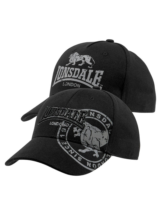 LONSDALE Doppelpack: zwei schwarze Caps mit kontrastfarbenen Used-Look-Prints und Logo vorne