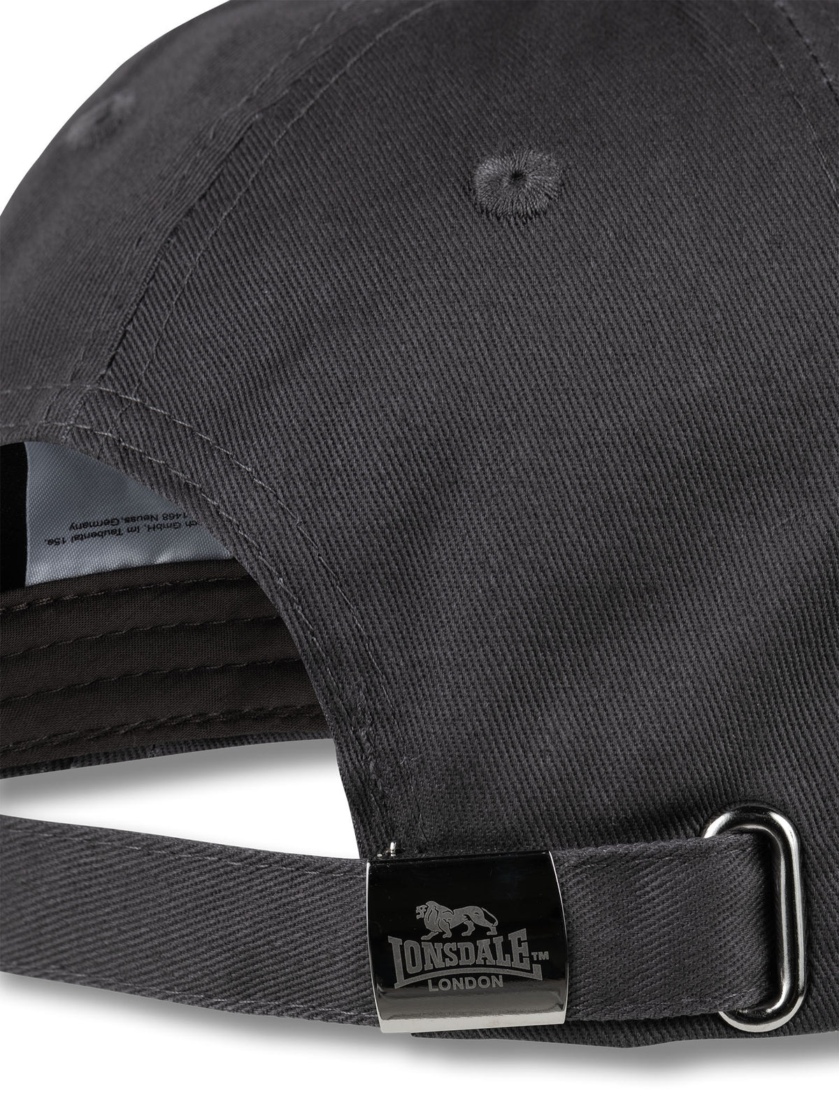 Rückansicht der dunkelgrauen Lonsdale Kappe mit verstellbarem Metallverschluss und Logo-Prägung

