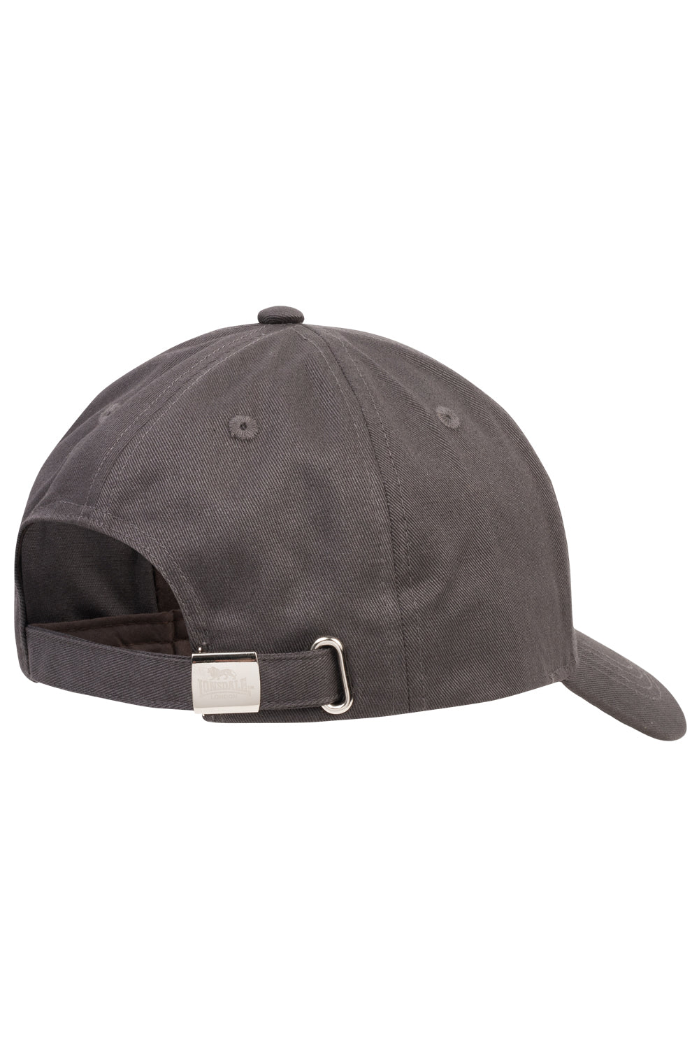 Rückansicht der dunkelgrauen Lonsdale Kappe mit verstellbarem Metallverschluss und Logo-Prägung
