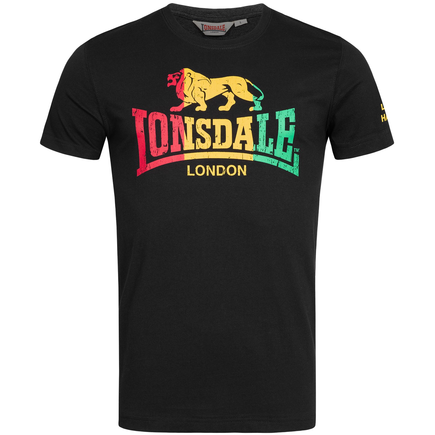 Schwarzes Lonsdale Freedom T-Shirt, normale Passform, Logo-Print in Jamaica-Farben Rot Gelb Grün