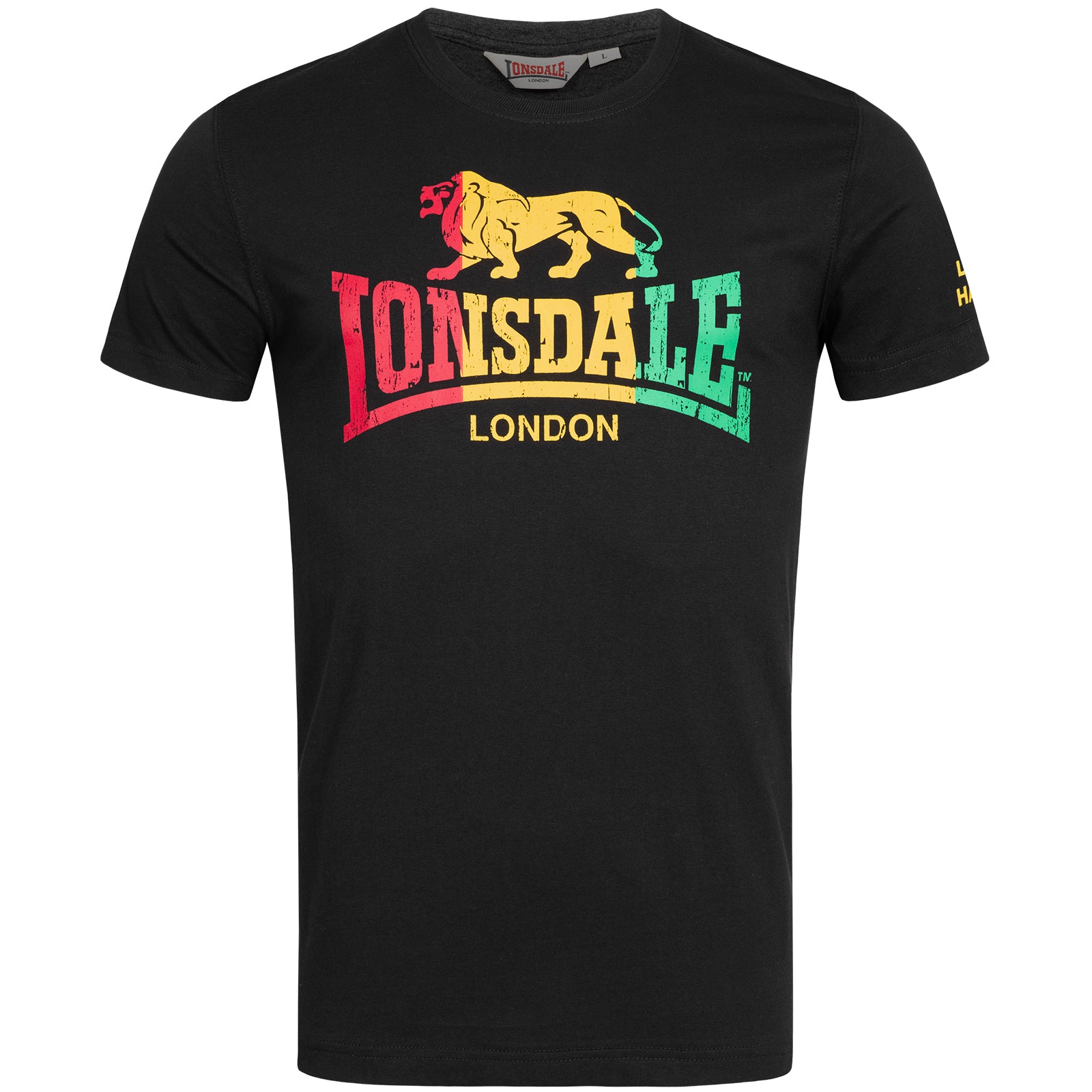 Schwarzes Lonsdale Freedom T-Shirt, normale Passform, Logo-Print in Jamaica-Farben Rot Gelb Grün