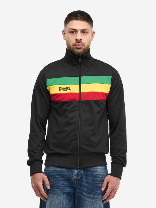 Lonsdale Herren Trainingsjacke Slim Fit, schwarz mit Regenbogen-Bruststreifen, Logo-Stickerei und Stehkragen.