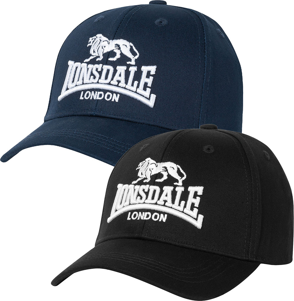 Lonsdale Doppelpack Wiltshire: Je eine schwarze und eine dunkelblaue Kappe aus 100% Baumwoll-Köper mit gesticktem Logo