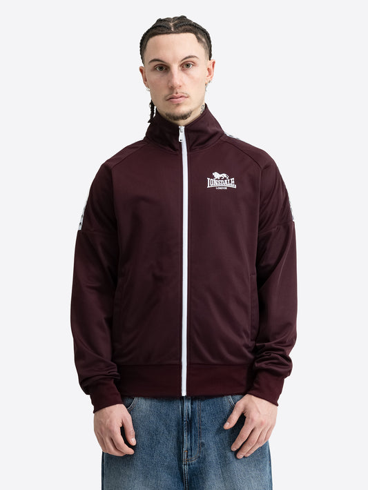 Weinrote Lonsdale Herren-Trainingsjacke in Oxblood-Rot mit weissem Reissverschluss und Logo-Stickerei, Vorderansicht.