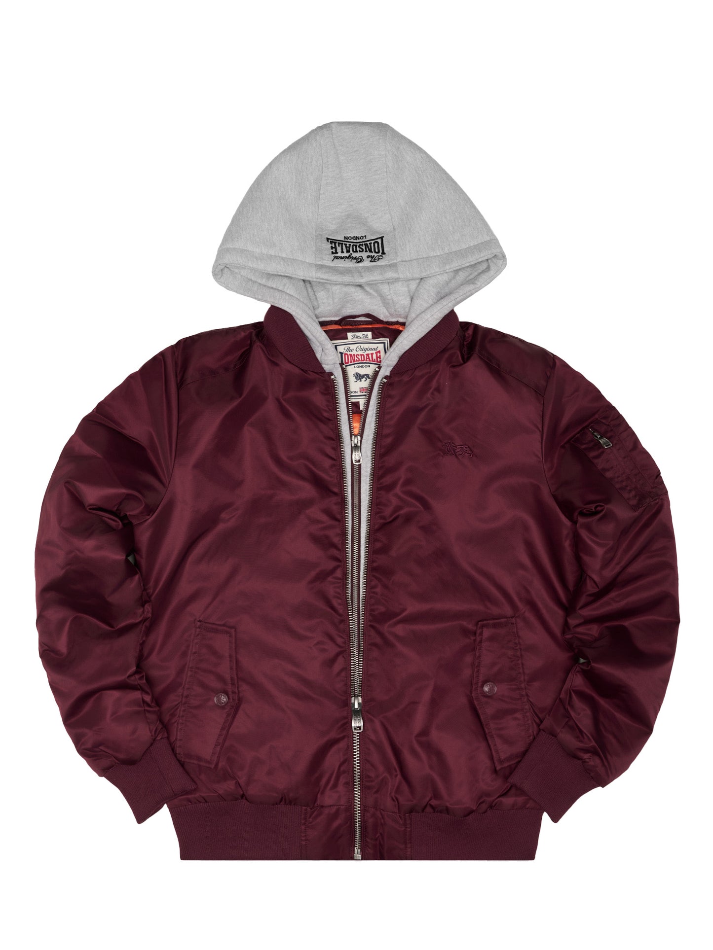 Weinrote Lonsdale Bomberjacke für Herren mit hellgrauem Kapuzeneinsatz in schmaler Passform.