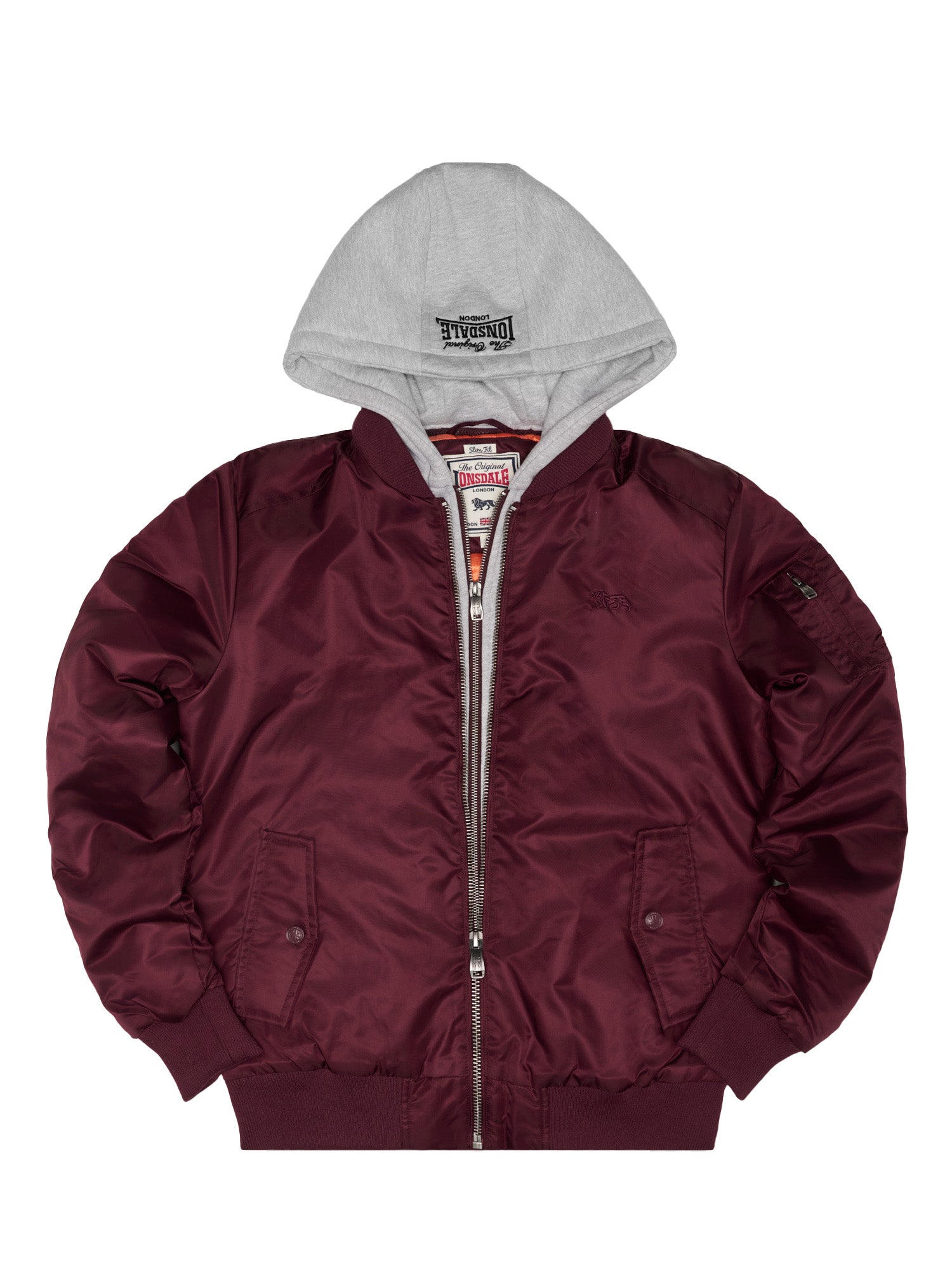 Weinrote Lonsdale Bomberjacke für Herren mit hellgrauem Kapuzeneinsatz in schmaler Passform.