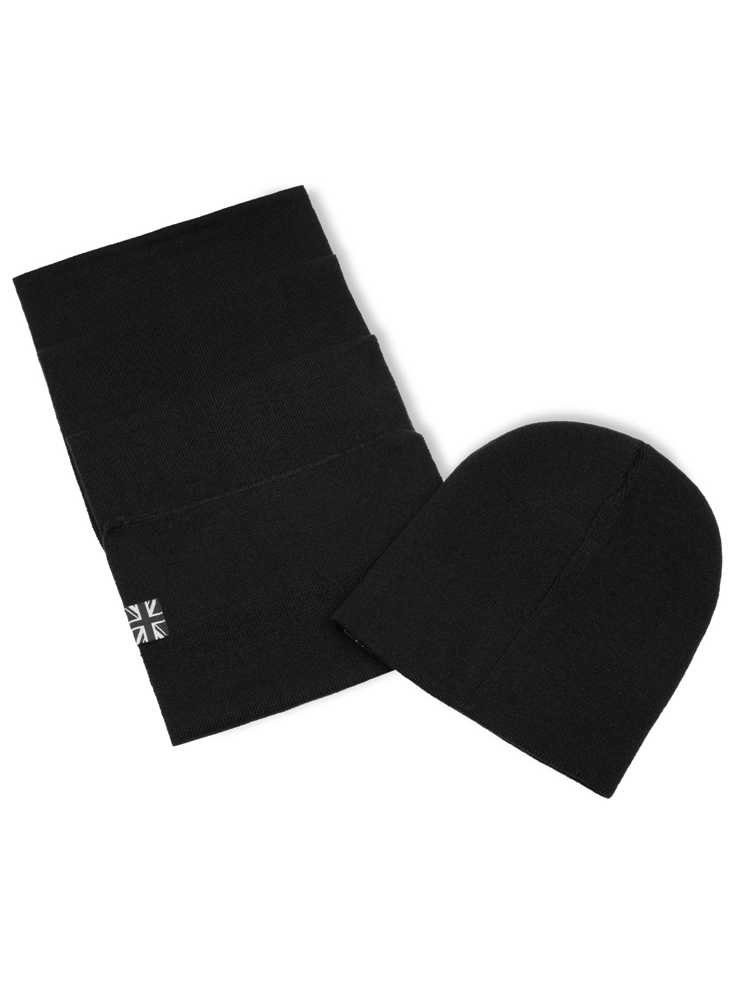 Schwarzes Lonsdale Set aus Strickmütze und Schal für Damen und Herren. Warme Beanie und Winterschal in Einheitsgrösse.
