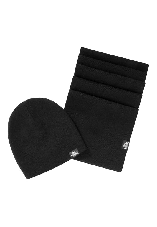Schwarzes Lonsdale Set aus Strickmütze und Schal für Damen und Herren. Warme Beanie und Winterschal in Einheitsgrösse.