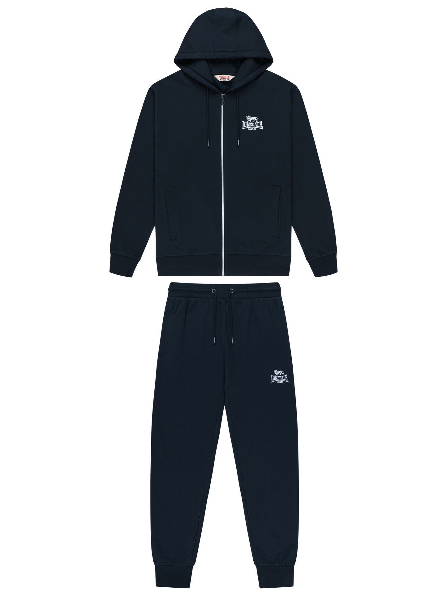 Lonsdale London Herren Trainingsanzug in Dunkelblau mit Kapuzenjacke, Reissverschluss und Jogginghose.